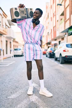 Stylish young man wearing striped outfit, holding a boombox, smiling in an urban street.