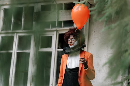 A person in a spooky costume holds a red balloon, evoking a mysterious Halloween vibe.