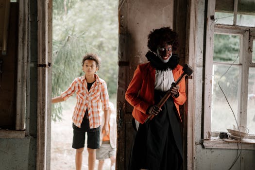A child encounters a person in clown makeup in an eerie, abandoned building.