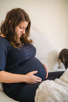 孕妇和她的宠物在舒适的室内坐着，流露出平静与期待