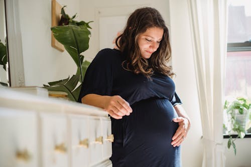 Smiling pregnant woman caressing tummy in house room