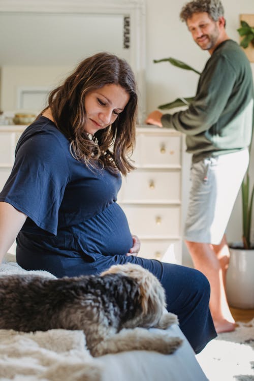 Side view of happy pregnant couple spending weekend in apartment with adorable puppy