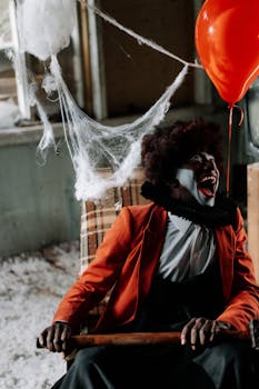 一个拿着红气球的小丑，怪异地坐在一栋废弃建筑里，营造出万圣节的恐怖氛围