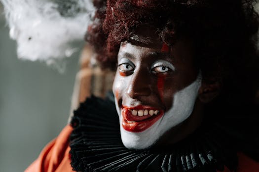 Dark and eerie portrait of a clown with creative makeup, afro hair, and a spooky expression perfect for Halloween.
