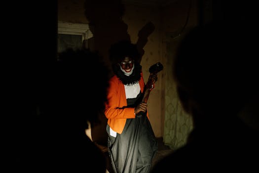 阴险的小丑身穿深色服装，手持锤子在室内引起恐怖共鸣