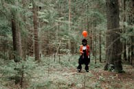 在茂密的森林里，一个阴险的小丑拿着红色气球，唤起了怪异的恐怖主题