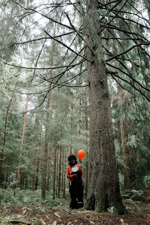 Scary Clown holding a Balloon standing beside a Tree 