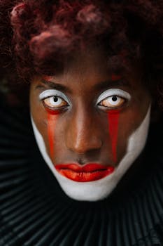 Close-up portrait of a person with clown makeup, featuring bold red and white colors for a dramatic Halloween look.