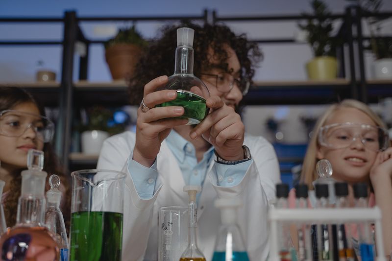 Colored liquids in laboratory glassware