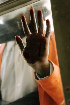 一只沾满血迹的手压在玻璃表面，令人恐惧又充满悬念