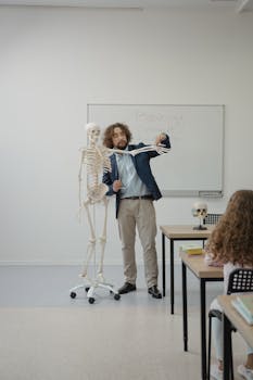 Teacher giving a biology lesson with a skeleton model in a classroom setting.
