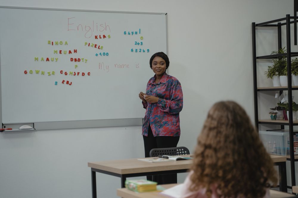 English teacher leading an interactive classroom lesson