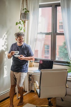Happy adult bearded man in home outfit leaning on table with modern laptop and drinking coffee during break in freelance work on sunny day