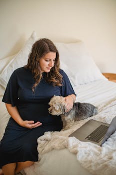 From above of peaceful adult pregnant female in dress touching belly and caressing cute Yorkshire Terrier dog while resting on comfortable bed and watching video on laptop