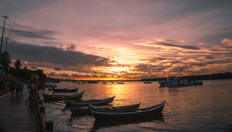 Docked Boats On A Bay During Golden Hour 