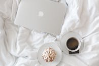 宁静的早晨，床上摆着笔记本电脑、咖啡和蛋糕，舒适又放松