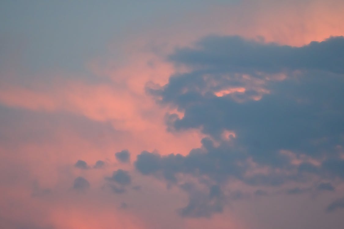 From below of spectacular pink colored sky with gray fluffy clouds at sunset