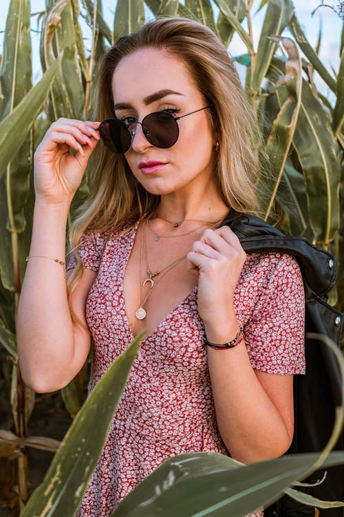Trendy attentive woman in sunglasses among plants