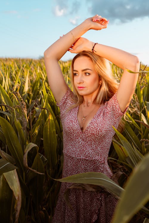 Free Trendy contemplative woman among plants in countryside in summer Stock Photo