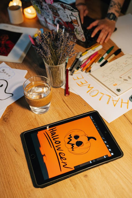 Free Halloween Drawings on a Table Stock Photo