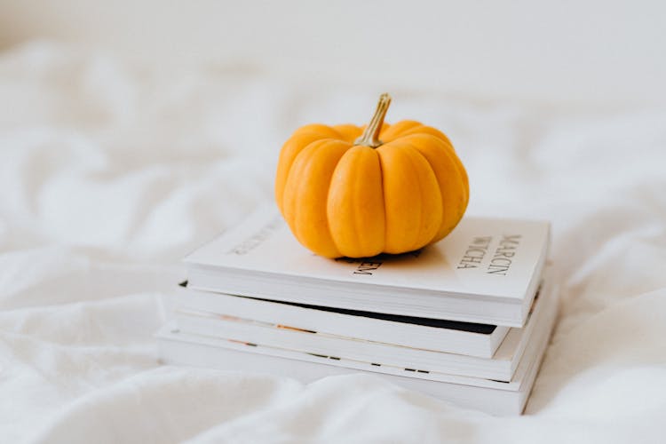 Close-up Photo Of Yellow Pumpkin On Stacked Books