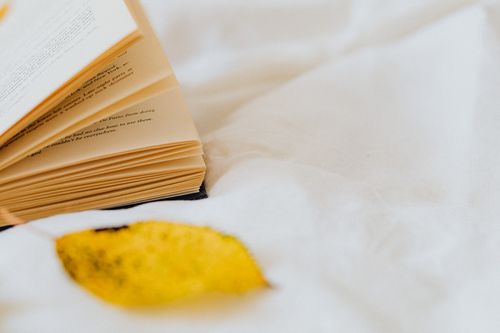 Free An open book with a yellow leaf on white fabric creates an autumnal reading mood. Stock Photo