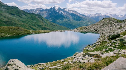 Free Blue Lake Surrounded by Green Mountains Stock Photo