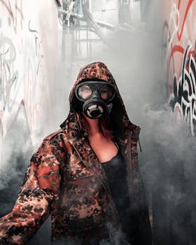 A woman wearing a gas mask and camouflage jacket standing in graffiti-filled alley, emitting a dramatic atmosphere.
