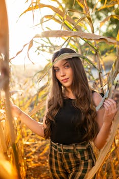 Beautiful woman standing in a sunlit cornfield, capturing the essence of nature and elegance.