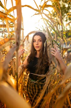 A captivating portrait of a woman standing amidst a sunlit cornfield in Arcos, Brazil, during a golden hour.