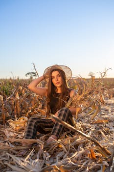 A young woman poses in a cornfield at sunset, wearing a hat and plaid pants under warm light.