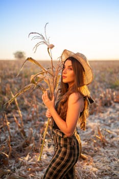 Beautiful woman with hat posing in a sunlit cornfield, capturing late summer warmth.