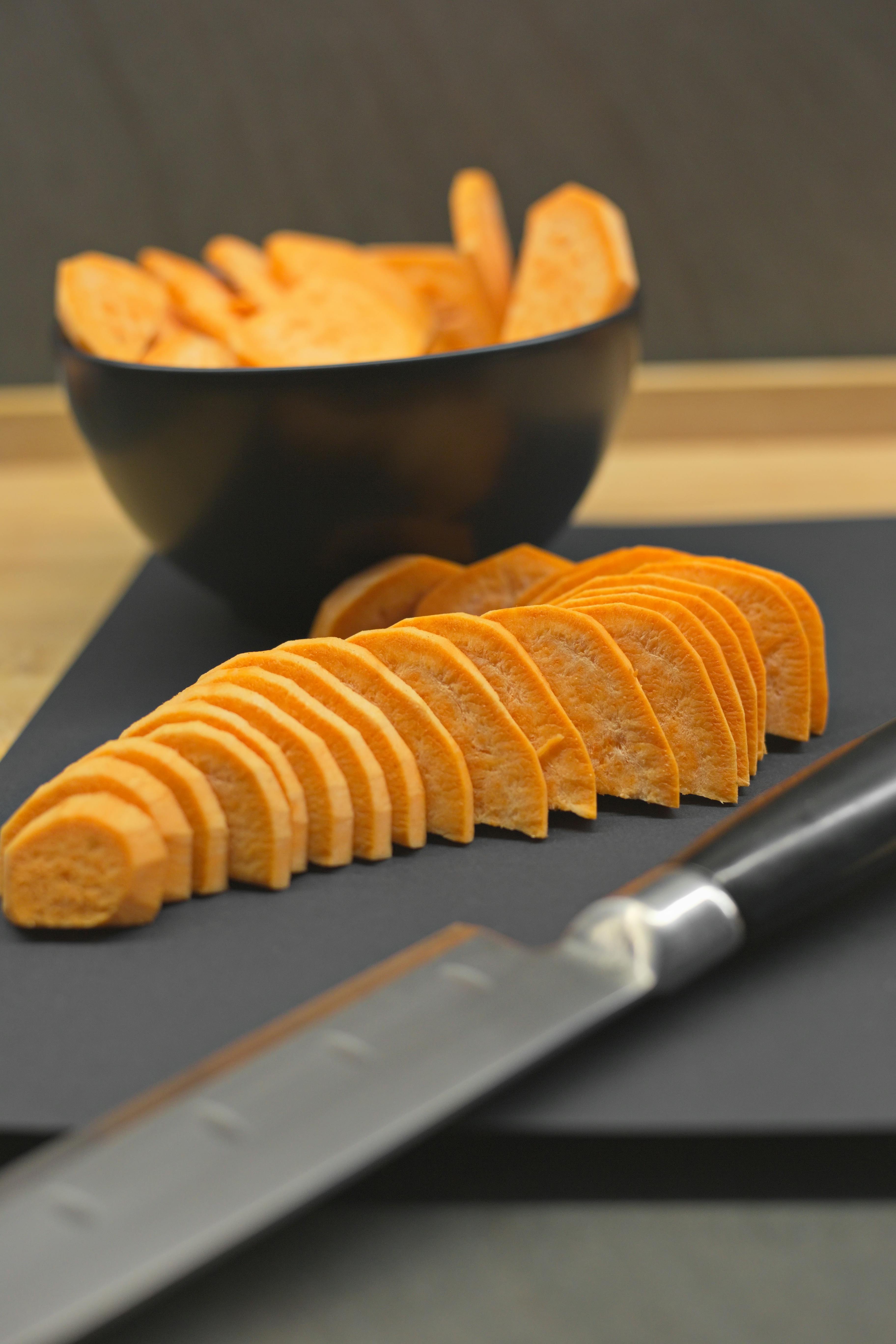 cut sweet potato on cutting board