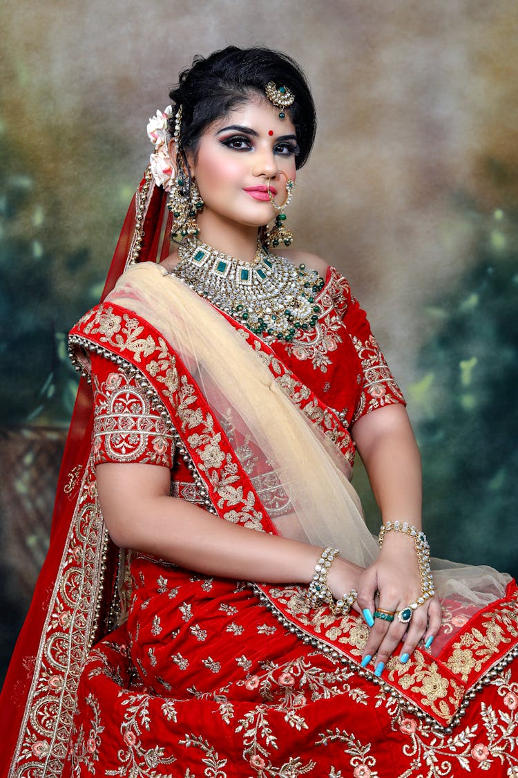 Indian Lady In Traditional Clothes With Sari And Jewelries