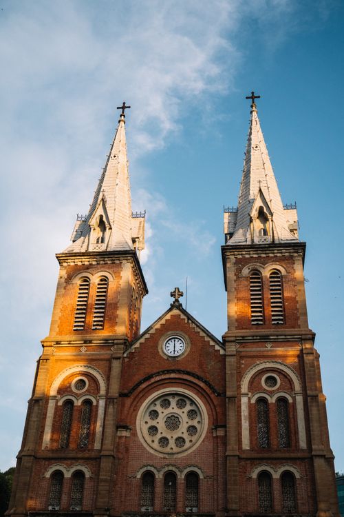 Free Low angle view of Notre-Dame Cathedral Basilica of Saigon in Vietnam with blue sky. Stock Photo