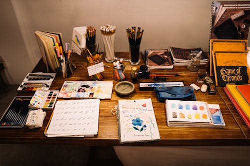 Art Materials on Wooden Desktop 