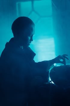 A mysterious silhouette of a person interacting with a glowing pumpkin, evoking a spooky atmosphere.