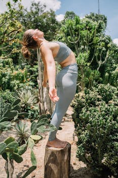 A woman practicing yoga on a tree stump surrounded by lush greenery, captured on a sunny day.