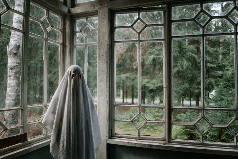 Ghost sheet costume in rustic room overlooking a forest, creating a spooky vibe.