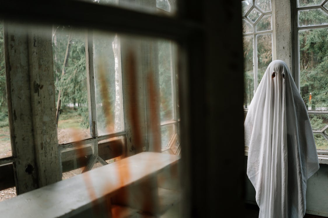 A Person in Ghost Costume Standing Near the Glass Window