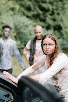 A trio of zombies in a forest setting, perfect for horror themes and Halloween content.