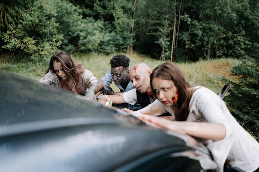 A group of zombies attack a car in a dense forest, creating a chilling, horror-filled scene.