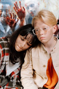 Two individuals in a tense moment with zombies in the background, evoking horror and suspense.