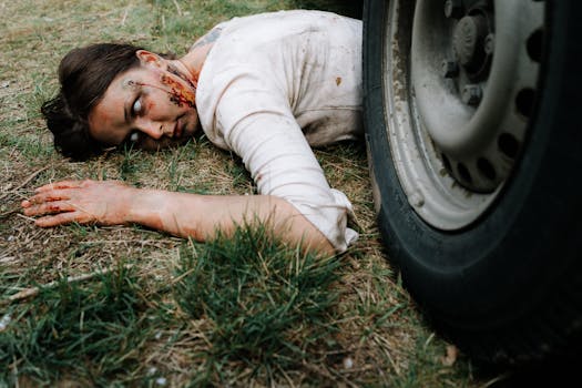A chilling portrayal of a zombie with realistic makeup, lying near a tire.