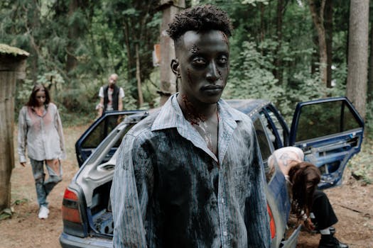 Zombies gather around an abandoned car in a creepy forest setting.