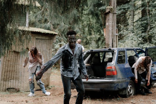 Zombies wander through a forest near an abandoned car, creating a terrifying atmosphere.