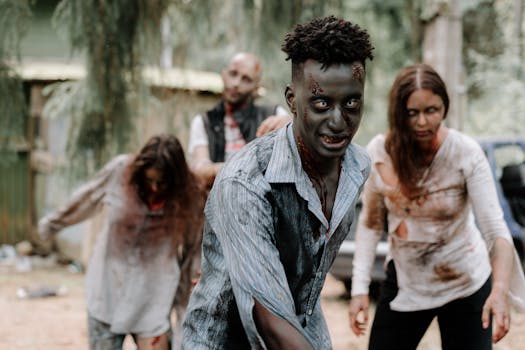 Eerie scene of zombies in a forest, perfect for Halloween or horror themes.
