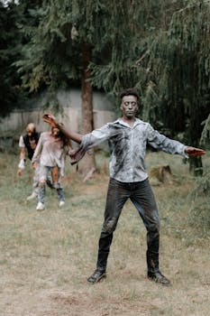 Photo of costumed zombies walking through a forest, capturing a haunting atmosphere.