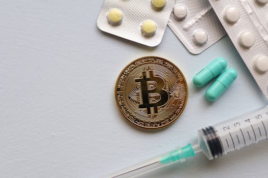 Image of a Bitcoin coin surrounded by pills and a syringe, symbolizing healthcare and finance.