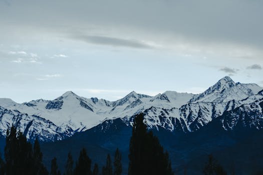 Stunning view of snow-capped peaks in the Himalayas with dramatic skies and winter ambiance.